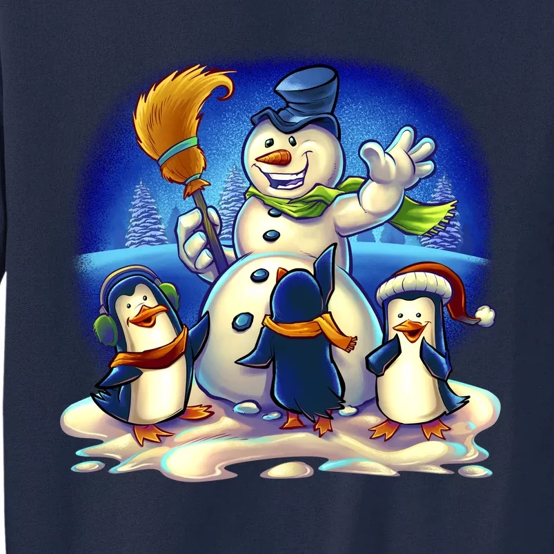 Snowman With Penguins Having Fun Tall Sweatshirt