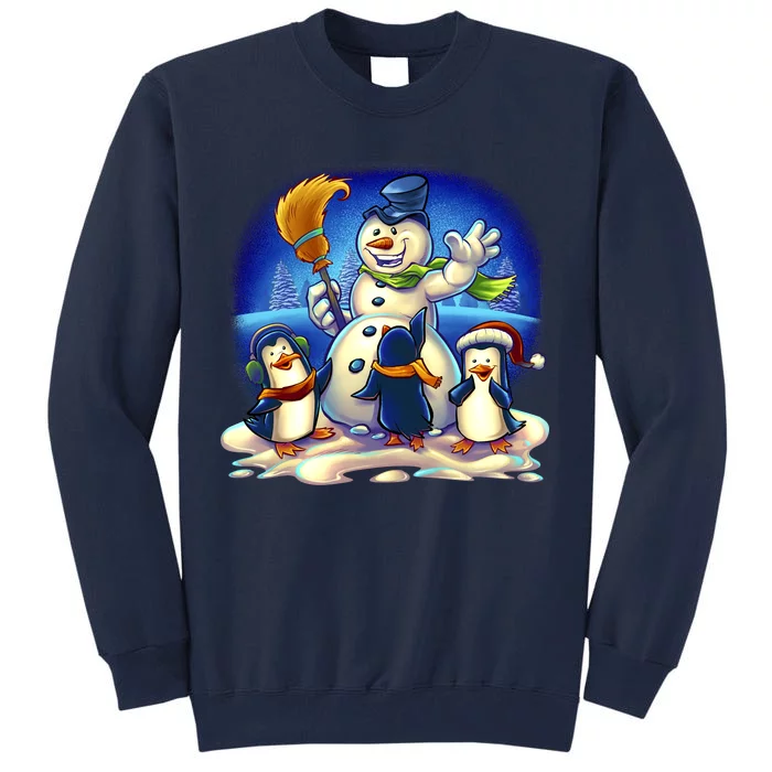 Snowman With Penguins Having Fun Tall Sweatshirt