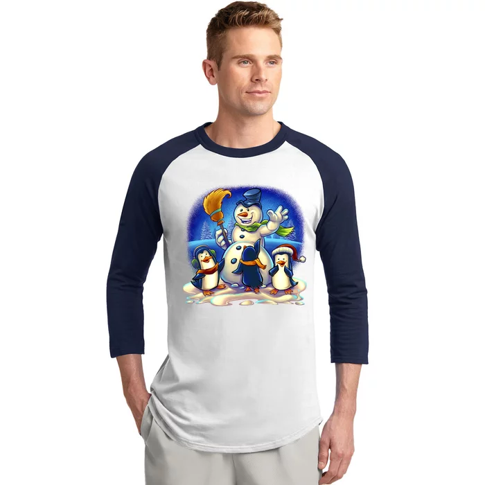 Snowman With Penguins Having Fun Baseball Sleeve Shirt