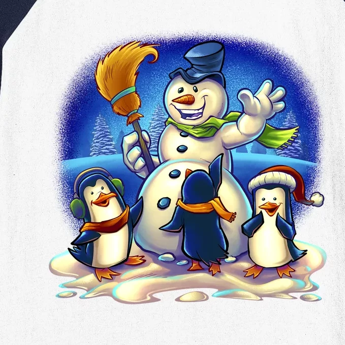 Snowman With Penguins Having Fun Baseball Sleeve Shirt