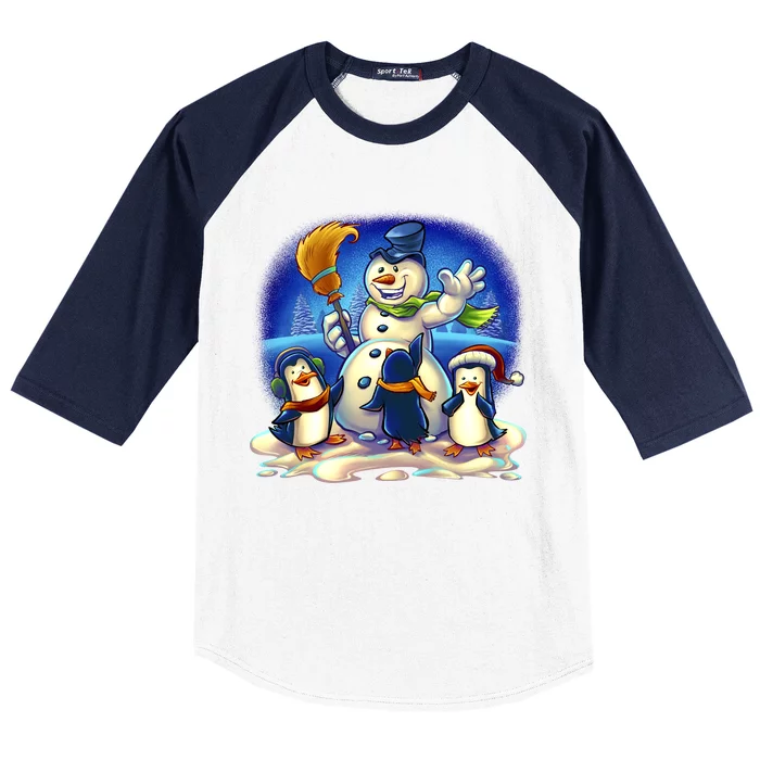 Snowman With Penguins Having Fun Baseball Sleeve Shirt