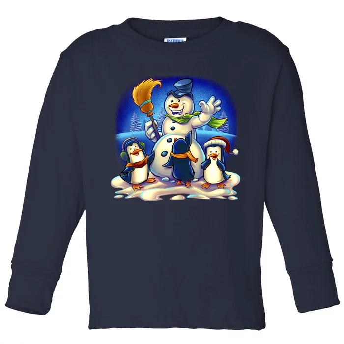 Snowman With Penguins Having Fun Toddler Long Sleeve Shirt