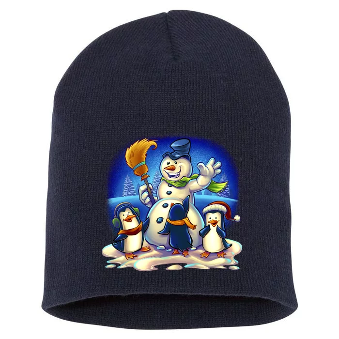 Snowman With Penguins Having Fun Short Acrylic Beanie