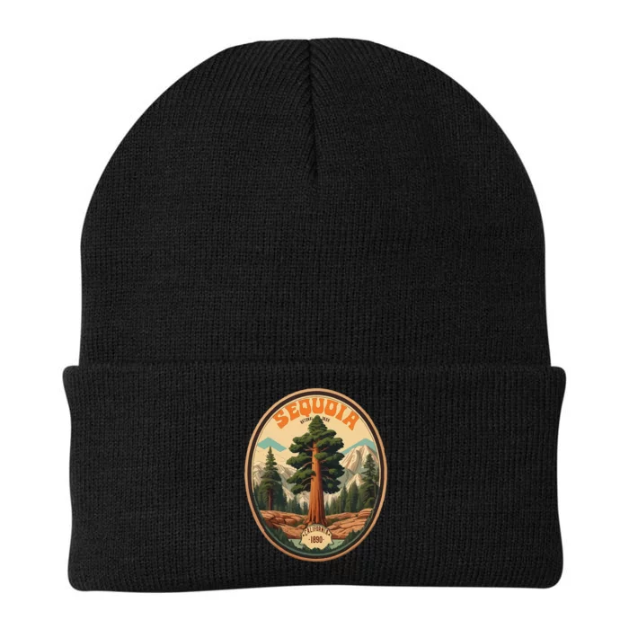 Sequoia National Park Tree Illustration Hiking Retro Badge Knit Cap Winter Beanie