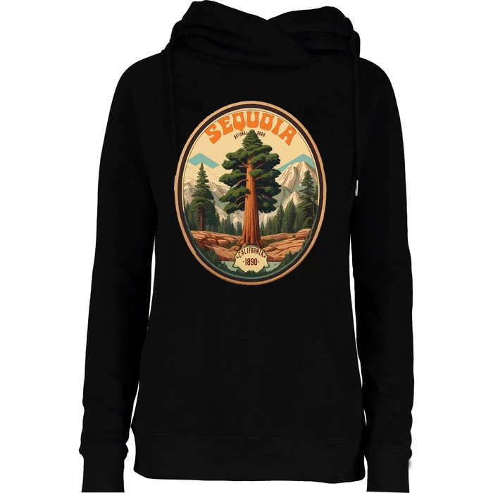 Sequoia National Park Tree Illustration Hiking Retro Badge Womens Funnel Neck Pullover Hood