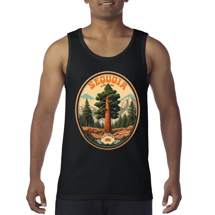 Sequoia National Park Tree Illustration Hiking Retro Badge Tank Top