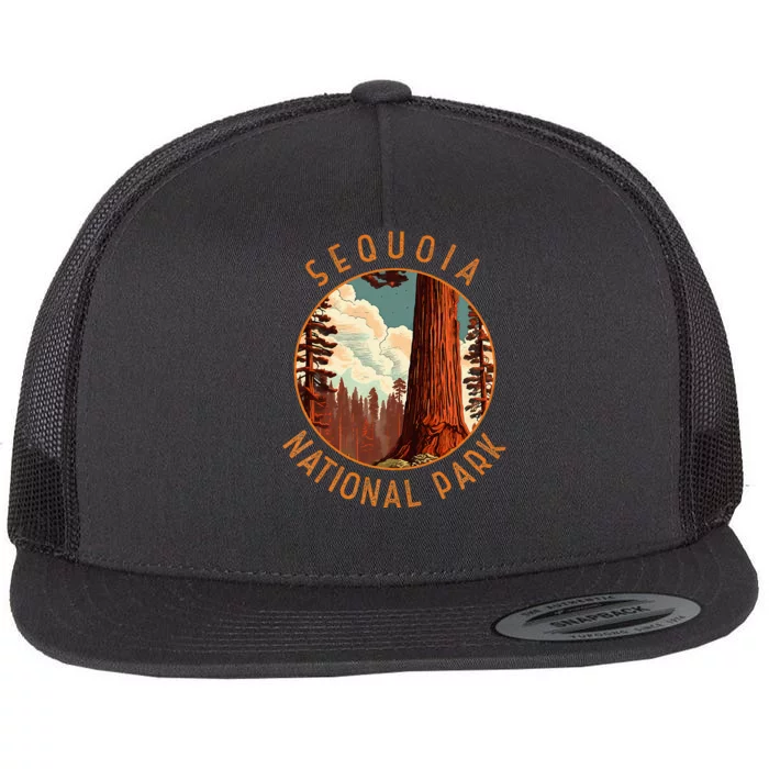 Sequoia National Park Illustration Distressed Circle Flat Bill Trucker Hat