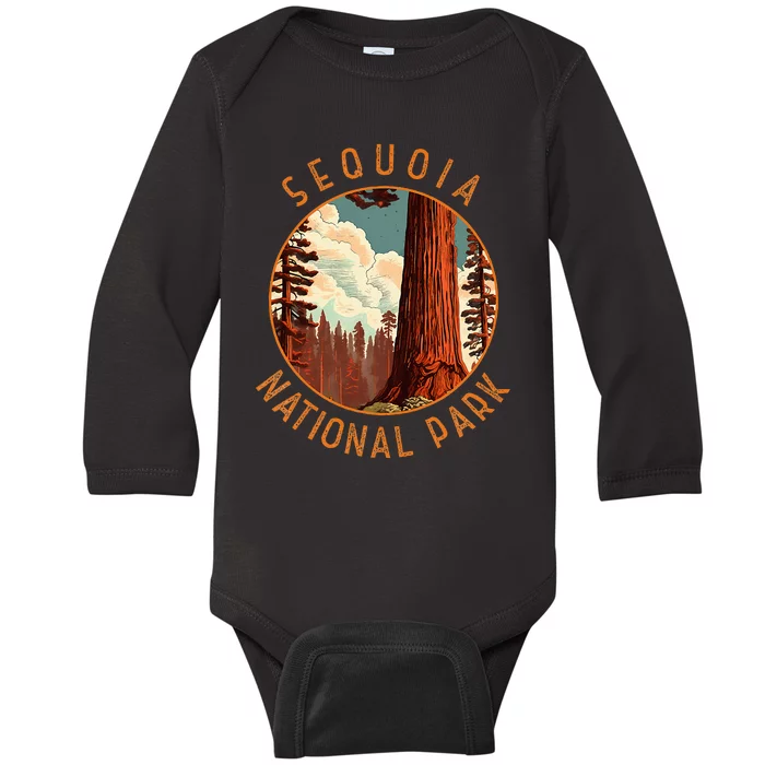 Sequoia National Park Illustration Distressed Circle Baby Long Sleeve Bodysuit