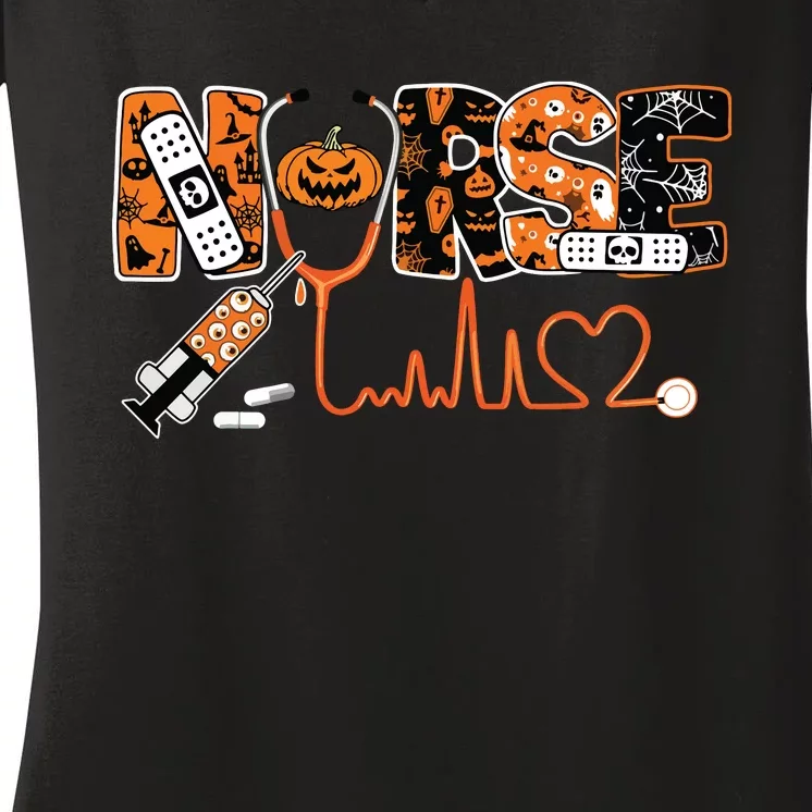 Spooky Nurse Pumpkin Halloween Costume Rn Cna Women's V-Neck T-Shirt