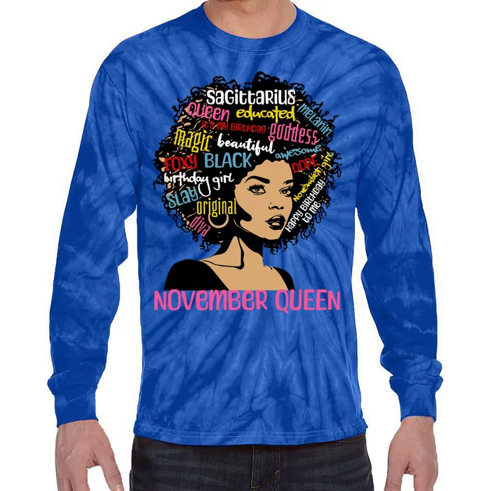 Sagittarius November Queen Melanin Black Birthday Gift Tie-Dye Long Sleeve Shirt