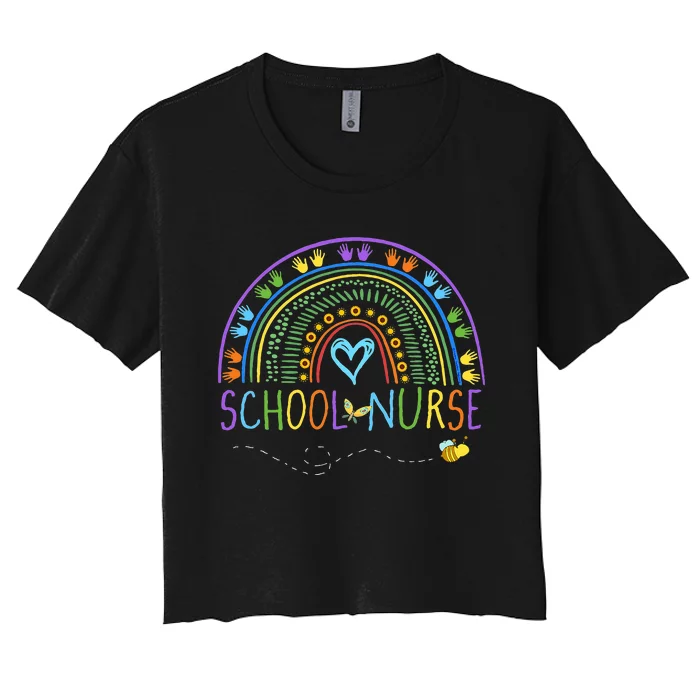 School Nurse Rainbow with Little Hands School Nurse Women's Crop Top Tee