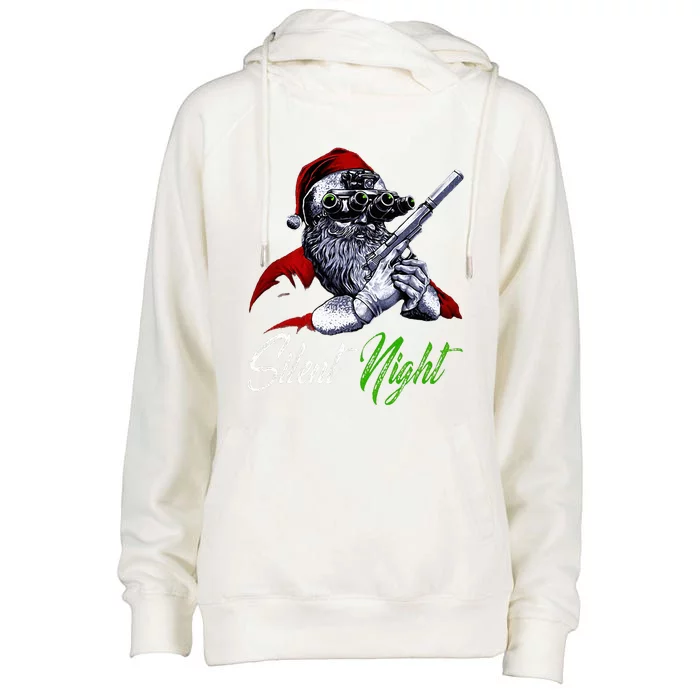 Silent Night Santa Christmas Funny Santa Claus Guns Vintage Womens Funnel Neck Pullover Hood