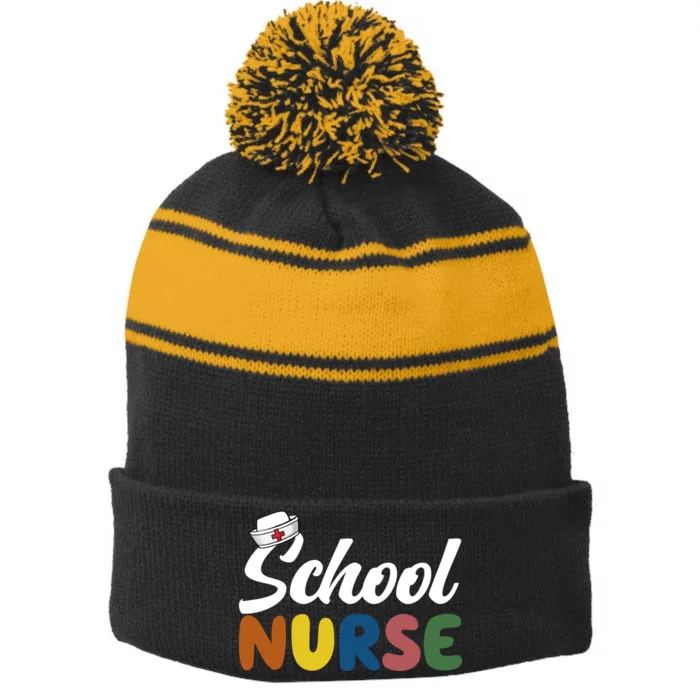 School Nurse Stripe Pom Pom Beanie