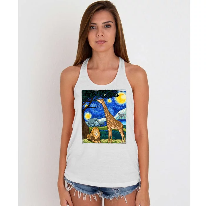 Safari Night Starry Night Zoo Animals Animal Art Safari Women's Knotted Racerback Tank