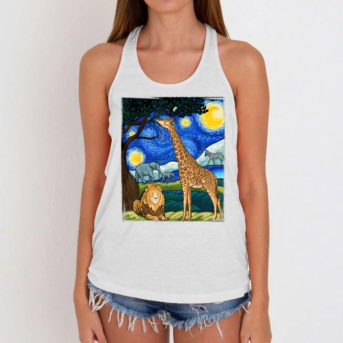 Safari Night Starry Night Zoo Animals Animal Art Safari Women's Knotted Racerback Tank