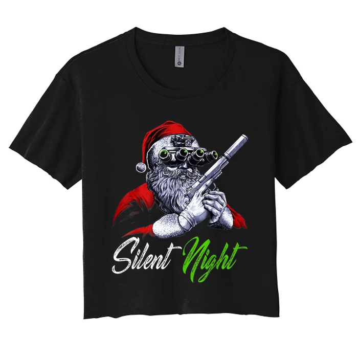 Silent Night Santa Christmas Funny Santa Claus Guns Vintage Women's Crop Top Tee