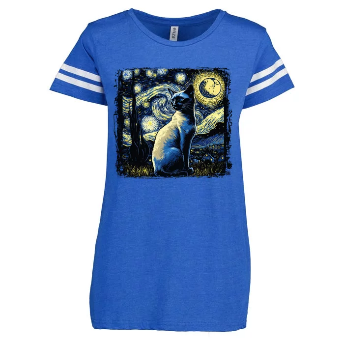 Starry Night Siamese Cat Funny Cat Graphic Cat Lover Enza Ladies Jersey Football T-Shirt