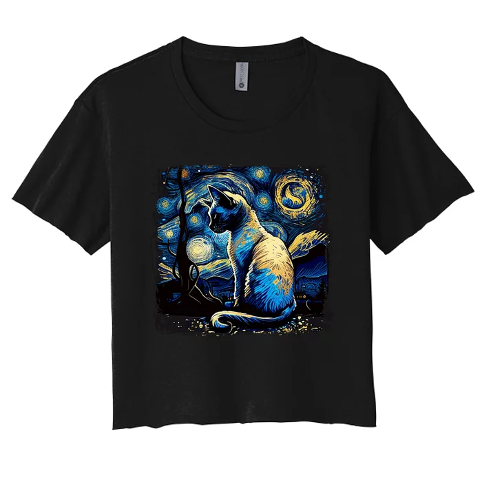 Starry Night Siamese Cat Funny Cat Graphic Cat Lover Women's Crop Top Tee