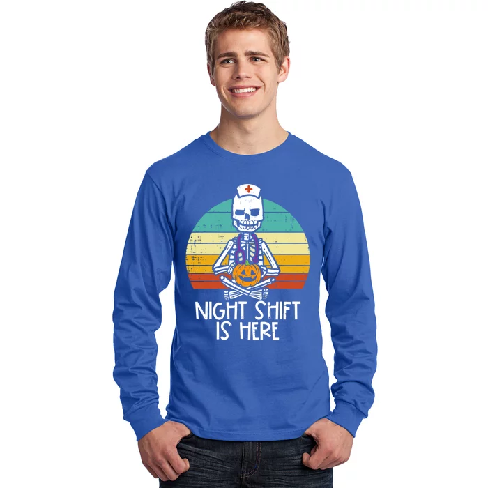 Skeleton Night Shifts Here Retro Halloween Rn Nurses Cute Gift Long Sleeve Shirt