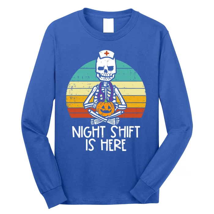 Skeleton Night Shifts Here Retro Halloween Rn Nurses Cute Gift Long Sleeve Shirt