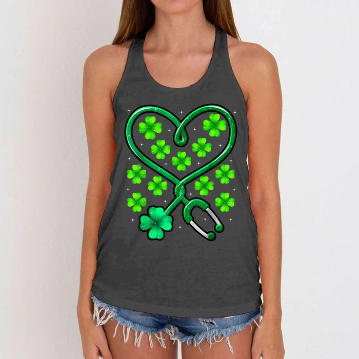 Shamrock Nurse St Patricks Day Stethoscope Heartbeat Clover Women's Knotted Racerback Tank