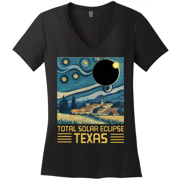 Starry Night Texas Total Solar Eclipse Artwork Women's V-Neck T-Shirt