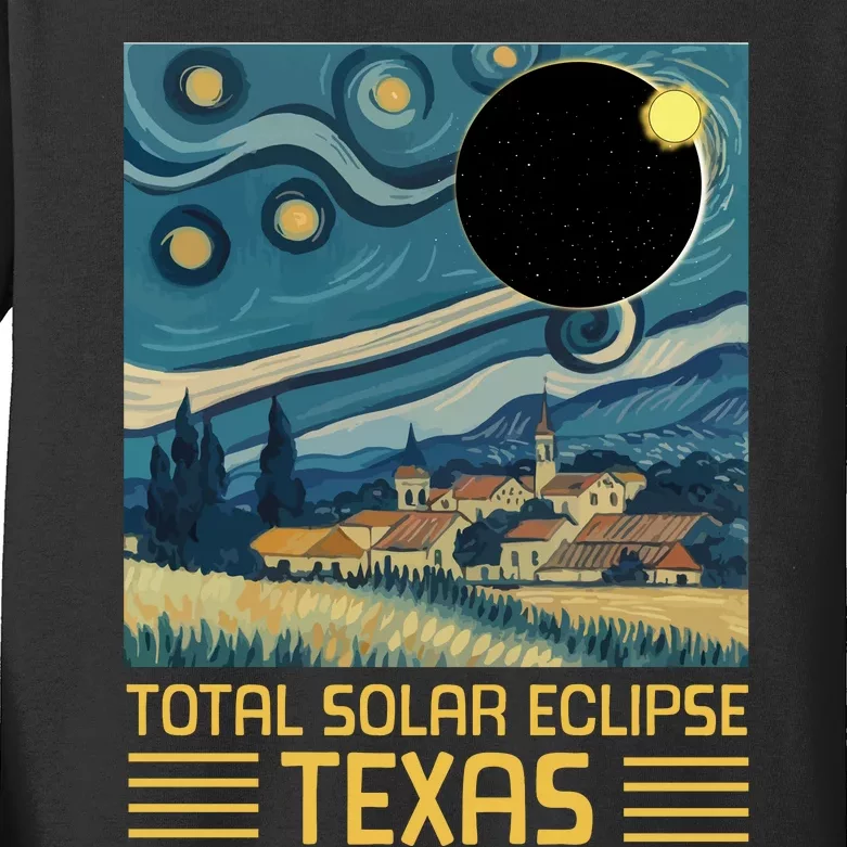 Starry Night Texas Total Solar Eclipse Artwork Kids Long Sleeve Shirt