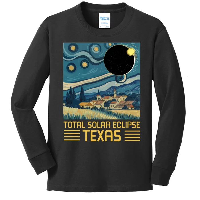 Starry Night Texas Total Solar Eclipse Artwork Kids Long Sleeve Shirt