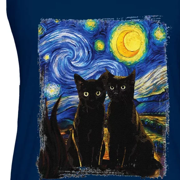 Starry Night Vincent Van Gogh Famous Painting Black Cats Ladies Essential Flowy Tank