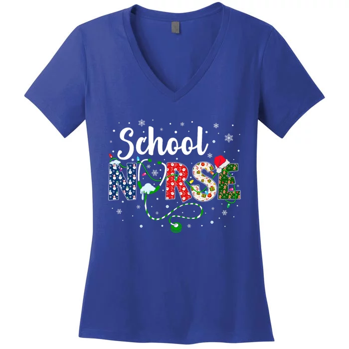 School Nurse Xmas Santa Hat Funny Nurse Christmas Pattern Gift Women's V-Neck T-Shirt