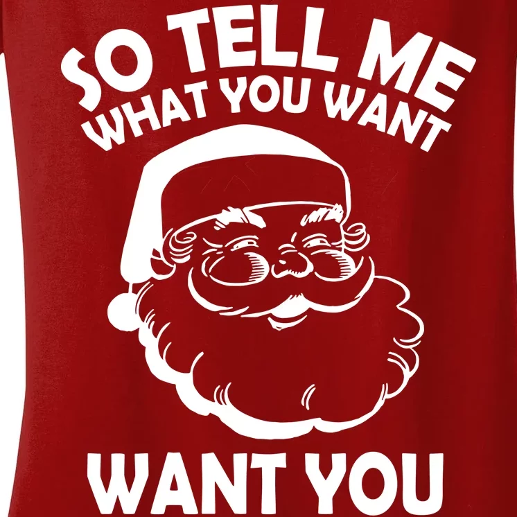 So Tell Me What You Want Funny Santa` Women's V-Neck T-Shirt