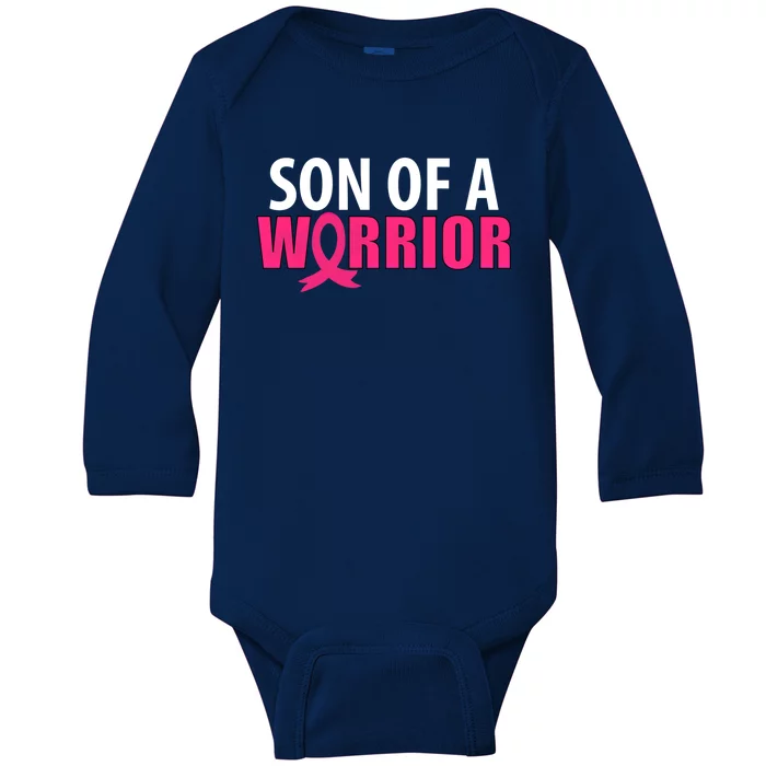 Son Of A Warrior Pink Ribbon Breast Cancer Awareness Gift Baby Long Sleeve Bodysuit