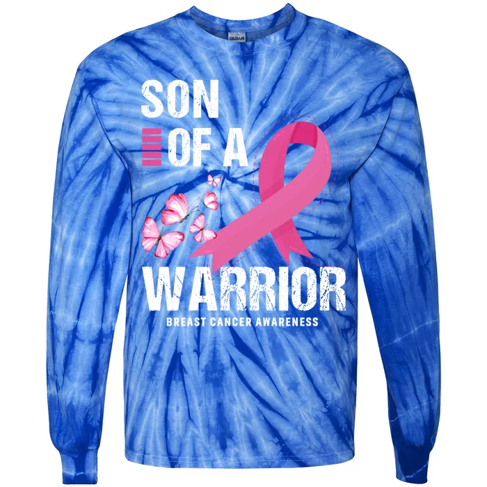 Son Of A Warrior Pink Ribbon Butterfly Breast Cancer Fighter Gift Tie-Dye Long Sleeve Shirt