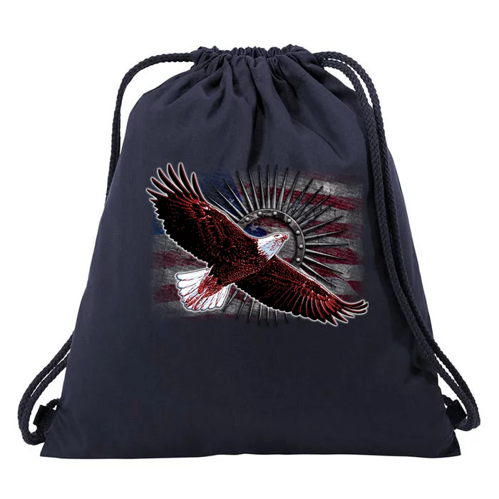 Soaring Metal Eagle American Flag Drawstring Bag