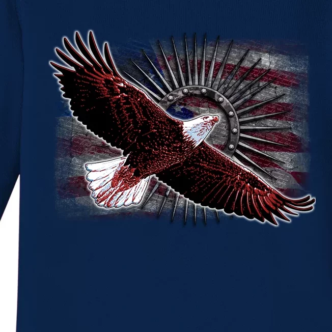 Soaring Metal Eagle American Flag Baby Long Sleeve Bodysuit