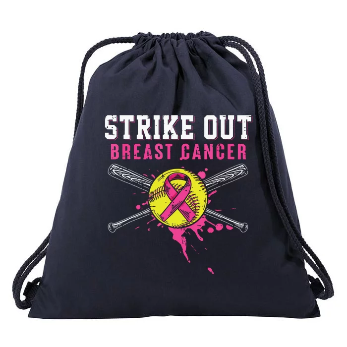 Strike Out Breast Cancer Awareness Day Pink Ribbon Softball Drawstring Bag