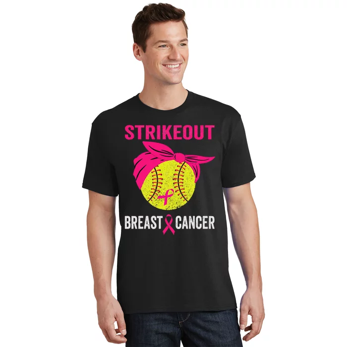 Strike Out Breast Cancer Awareness Messy Bun Softball T-Shirt