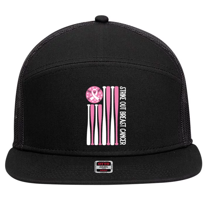 Strike Out Breast Cancer Baseball Lover Pink American Flag 7 Panel Mesh Trucker Snapback Hat