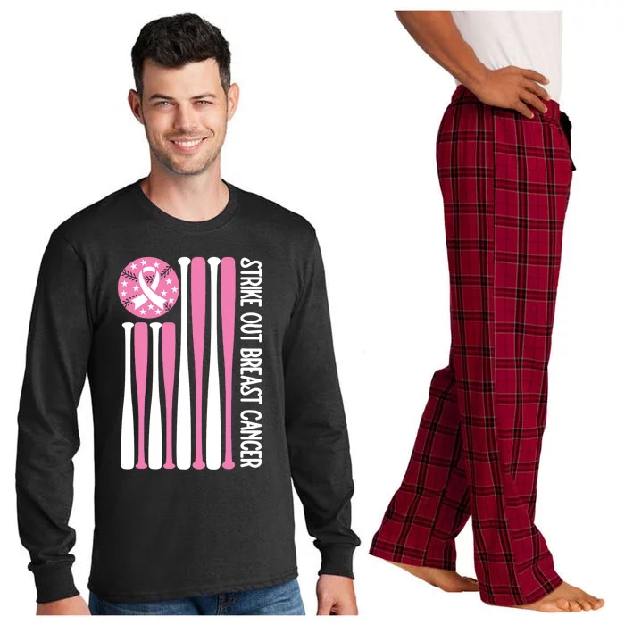 Strike Out Breast Cancer Baseball Lover Pink American Flag Long Sleeve Pajama Set