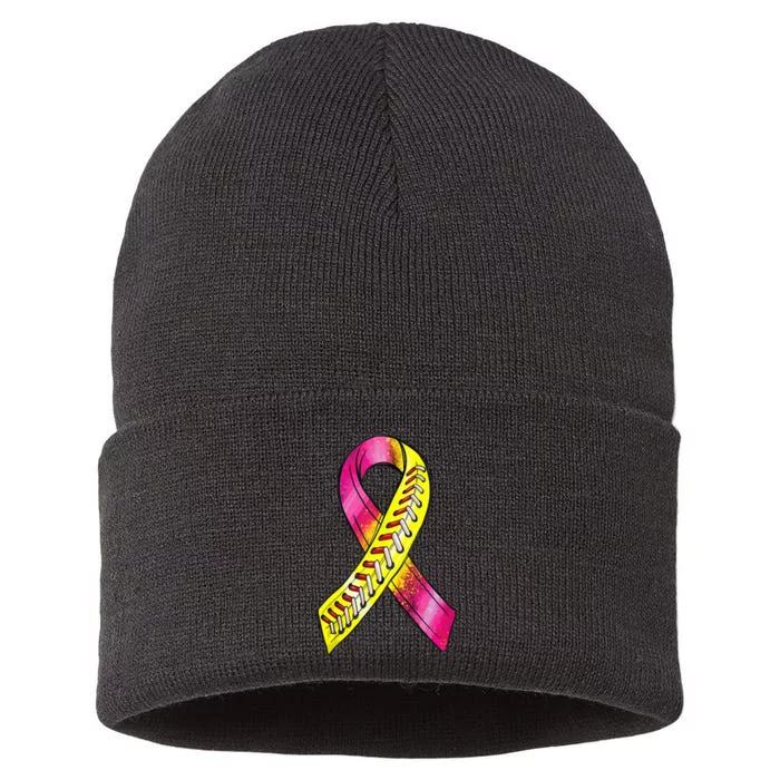 Strike Out Breast Cancer Awareness Day Pink Ribbon Softball Sustainable Knit Beanie