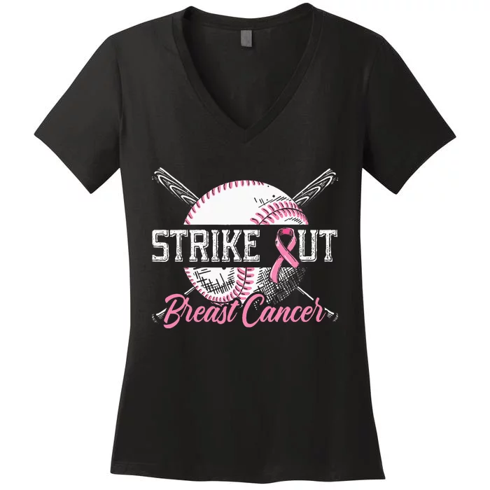 Strike Out Breast Cancer Baseball Breast Cancer Awareness Women's V-Neck T-Shirt