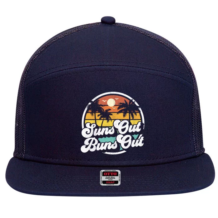 Suns Out Buns Out Funny Beach Vacation Retro Summer Gift 7 Panel Mesh Trucker Snapback Hat