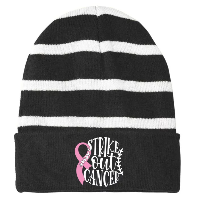 Strike Out Breast Cancer Baseball Fight Awareness Striped Beanie with Solid Band