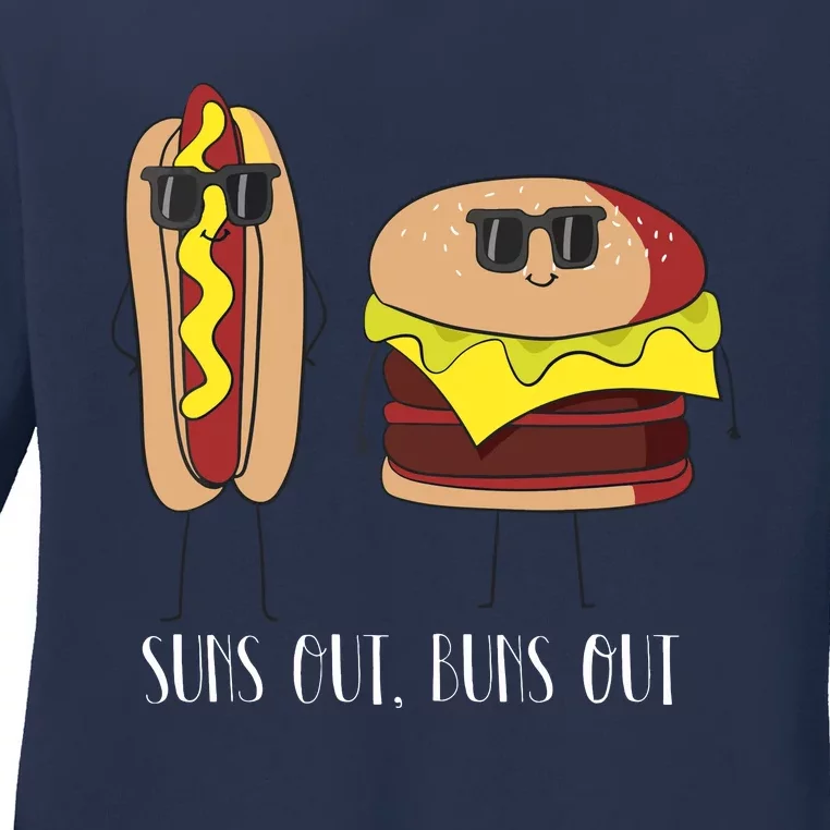 Suns Out Buns Out Hot Dog And Hamburger Ladies Long Sleeve Shirt