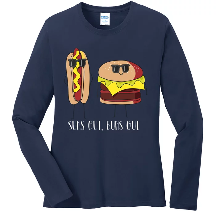 Suns Out Buns Out Hot Dog And Hamburger Ladies Long Sleeve Shirt