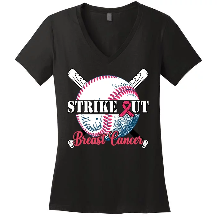 Strike Out Breast Cancer Baseball Women's V-Neck T-Shirt