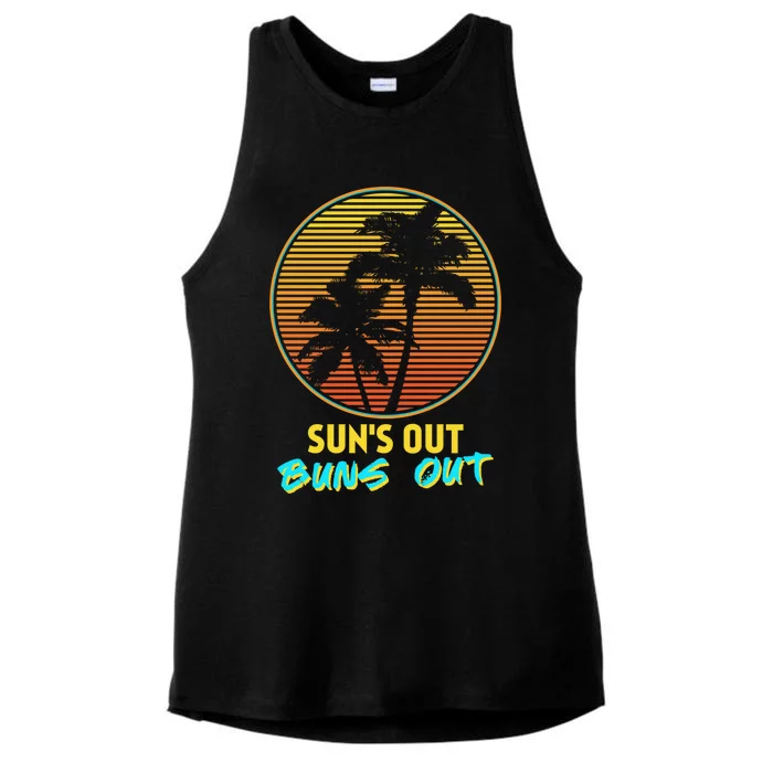 Suns Out Buns Out Retro 80s Vintage Palm Tree Sunset Gift Ladies Tri-Blend Wicking Tank