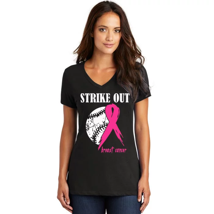 Strike Out Breast Cancer Awareness Baseball Fighters Women's V-Neck T-Shirt