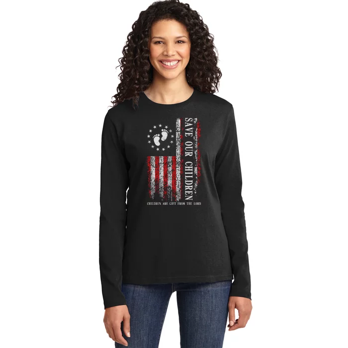 Save Our Children Are Gift From The Lord Freedom USA Flag Ladies Long Sleeve Shirt