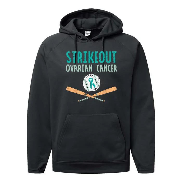 Strikeout Ovarian Cancer Baseball Teal Ribbon Awareness Performance Fleece Hoodie